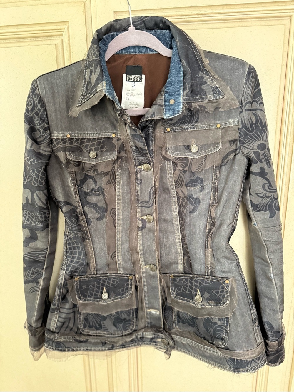 Gianfranco Ferre Printed Denim Jacket with Floral & Dragon Motif